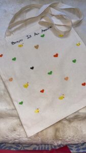 Handmade Canvas Tote Bag with Colorful Heart Design – Eco-Friendly Reusable Shopping & Carry Bag
