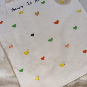 Handmade Canvas Tote Bag with Colorful Heart Design – Eco-Friendly Reusable Shopping & Carry Bag