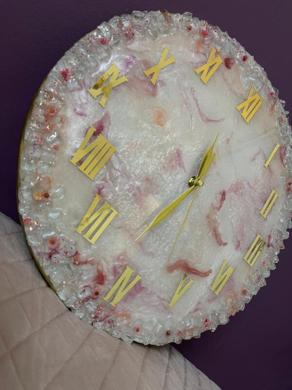 Luxury Handmade Resin Wall Clock | Floral Design with Gold Roman Numerals - Image 3