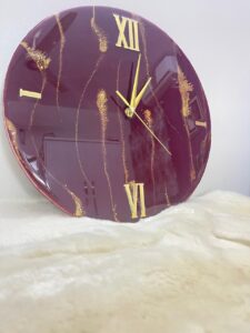 Handmade Maroon Resin Wall Clock with Golden Roman Numerals – Elegant Decorative Clock for Home & Office