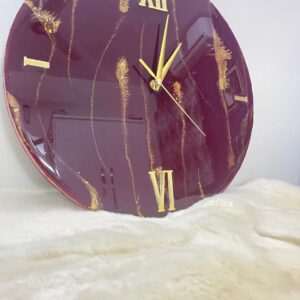 Handmade Maroon Resin Wall Clock with Golden Roman Numerals – Elegant Decorative Clock for Home & Office