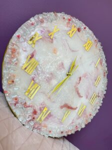 Handmade White & Pink Resin Wall Clock with Crystal Border and Golden Roman Numerals – Luxury Decorative Wall Art