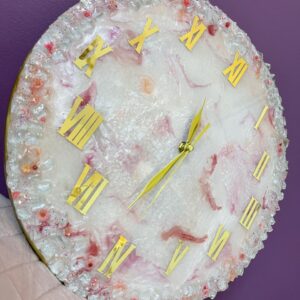 Handmade White & Pink Resin Wall Clock with Crystal Border and Golden Roman Numerals – Luxury Decorative Wall Art